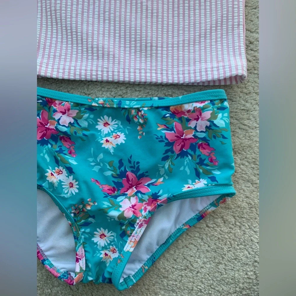 RuffleButts Size 8 Fancy Me Floral Two Piece Ruffle Seersucker Tankini Swimsuit